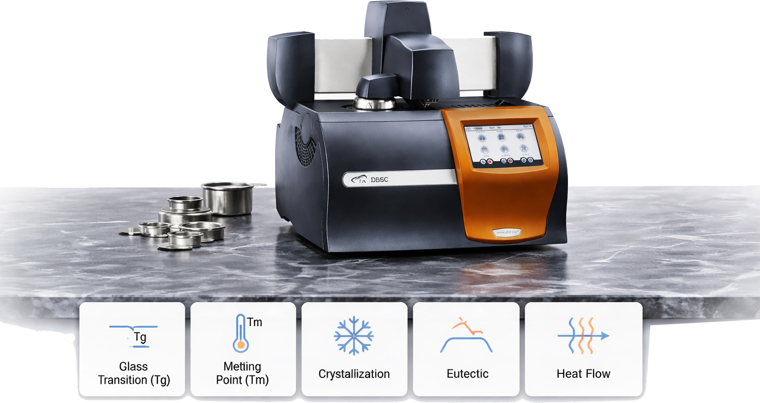 DSC features and capabilities infographic for thermal analysis services