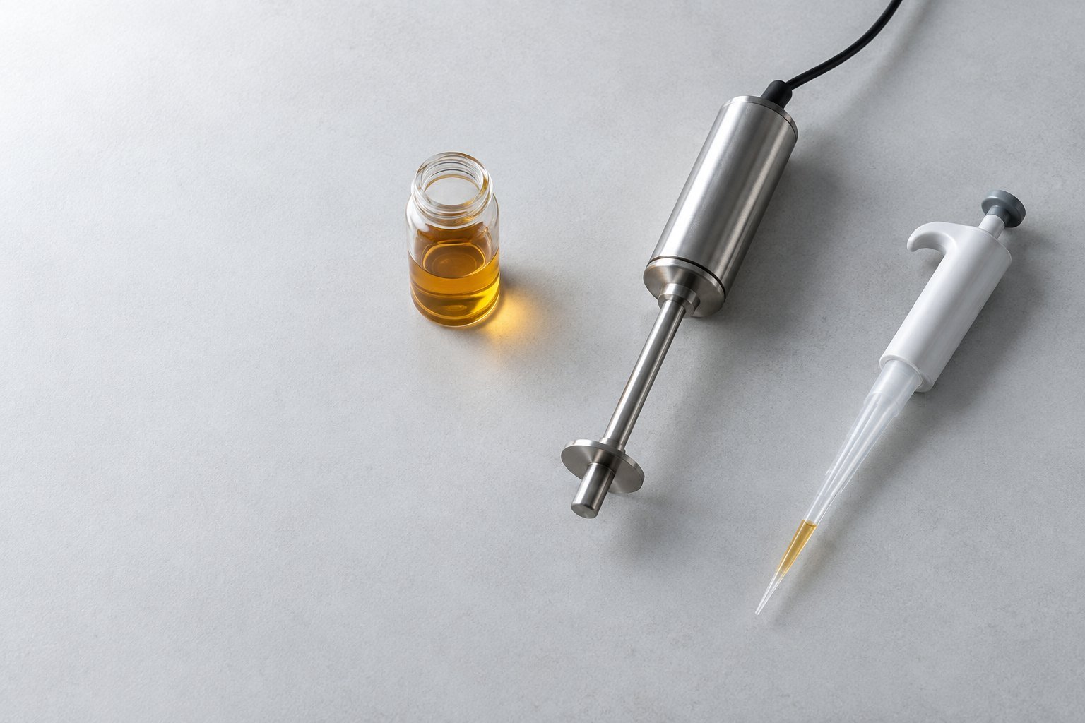 Low-Volume Viscosity Measurement Small sample viscosity test vial beside an oscillating-piston viscometer sensor