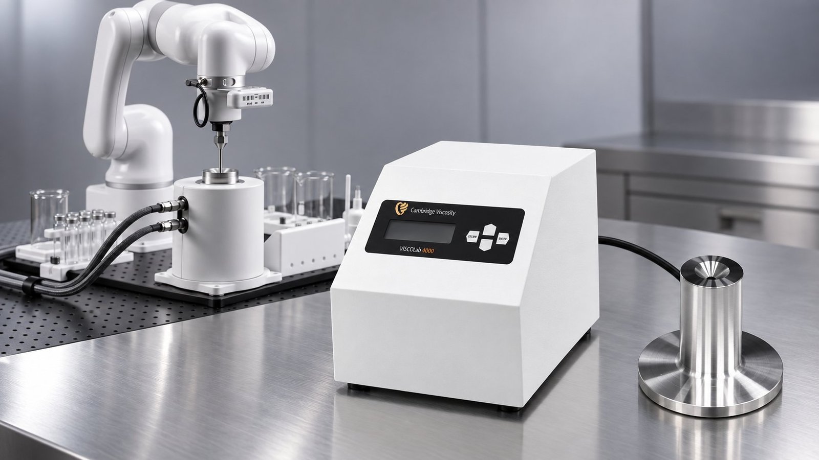 ASTM D7279 viscosity testing with a white ViscoLab 4000 benchtop viscometer