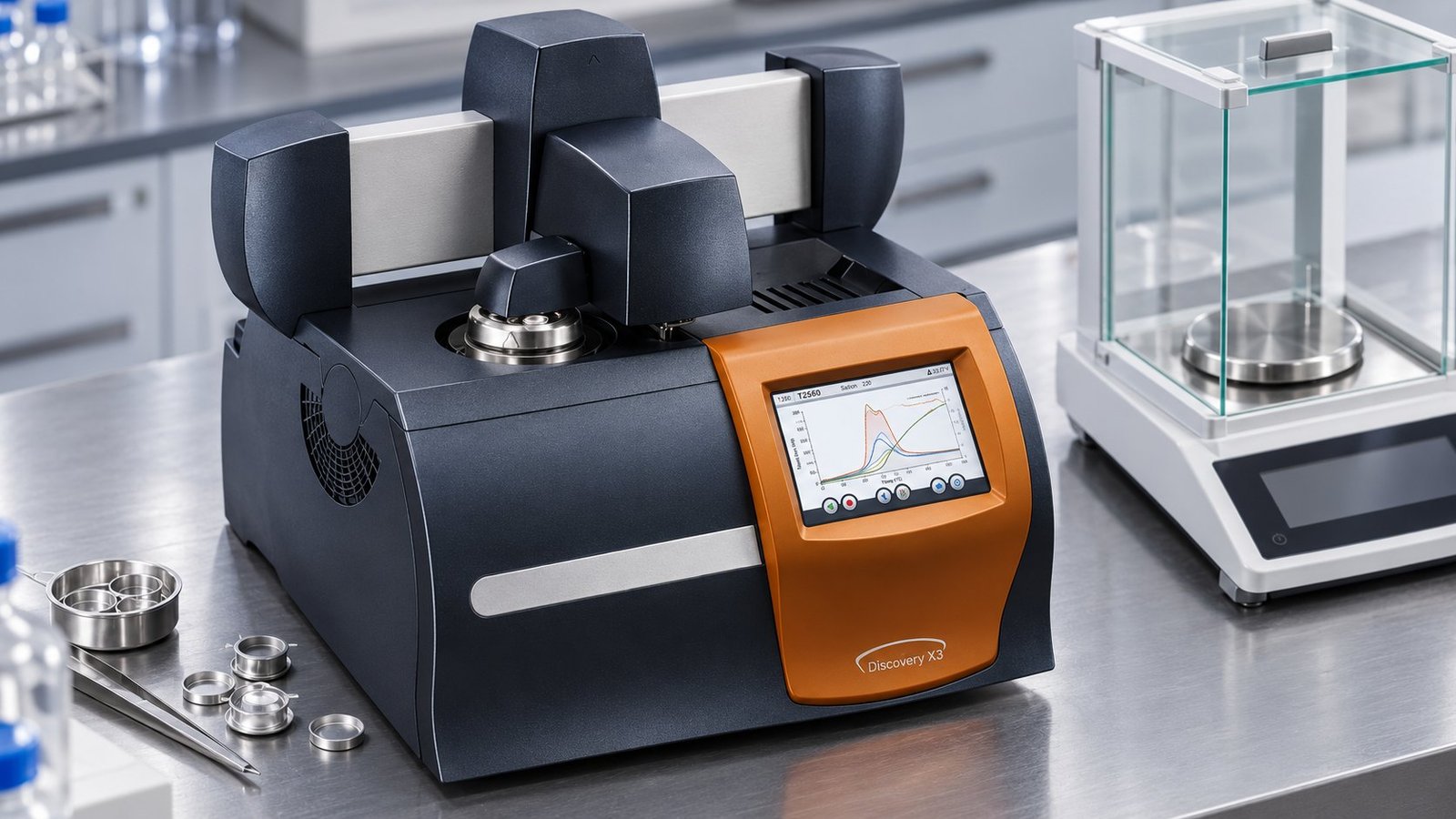 Discovery X3 DSC instrument with sample pans prepared for a DSC heating rate effect comparison
