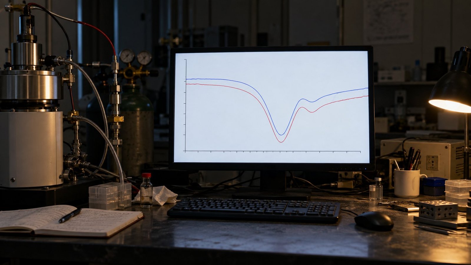 DSC thermogram on a laboratory screen showing two overlaid heating curves with a melting endotherm and a shoulder peak