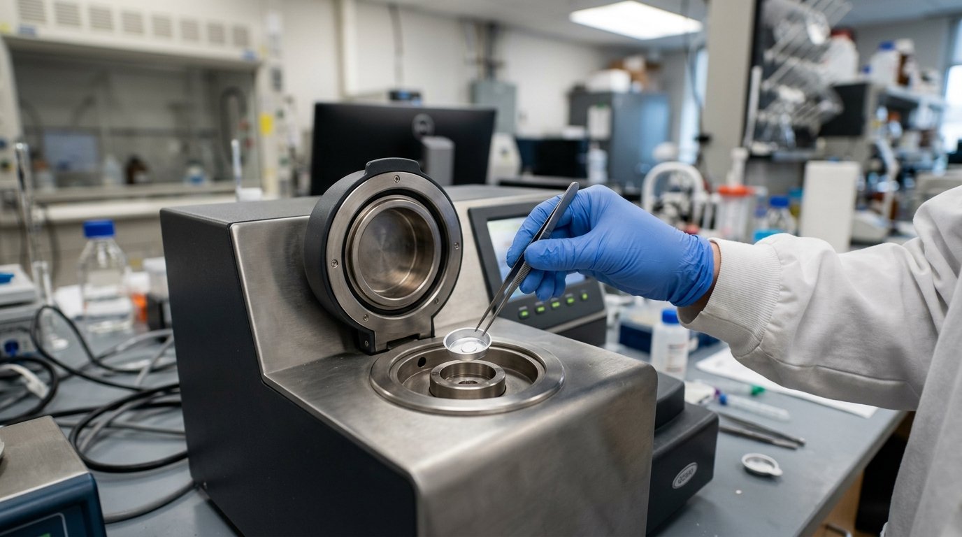 Lab technician loading an aluminum sample pan into a DSC instrument to investigate a DSC double melting peak