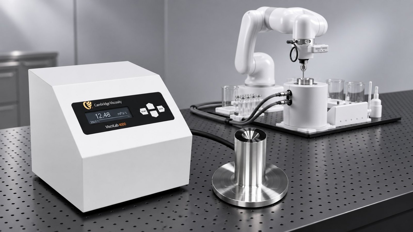 White robotic laboratory instrument for automated temperature-scanning viscometry