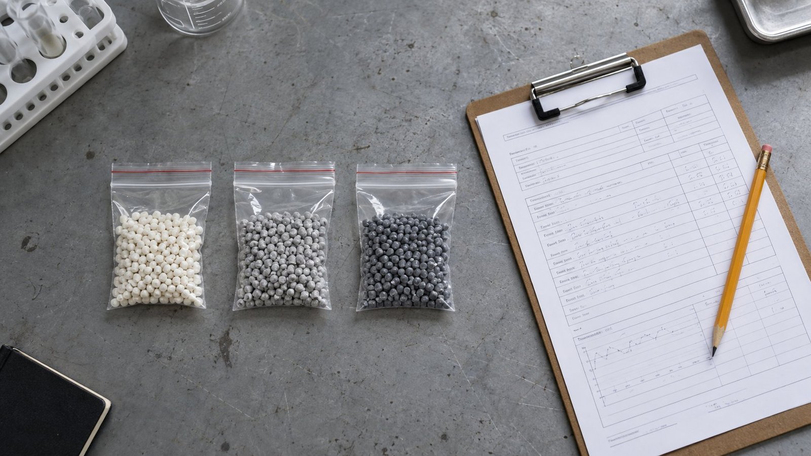 Three labeled sample bags of polymer pellets lined up beside a clipboard of supplier traceability paperwork