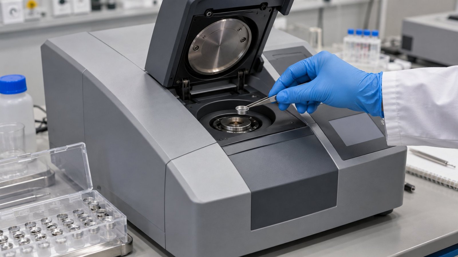 DSC Instrument Loading Technician loading a binder sample into a DSC instrument sample chamber
