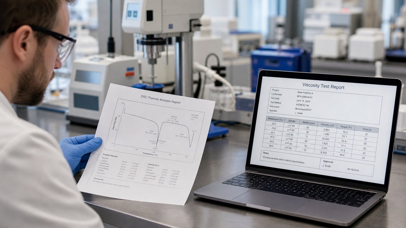 QC engineer comparing DSC experiment results against a viscosity test report
