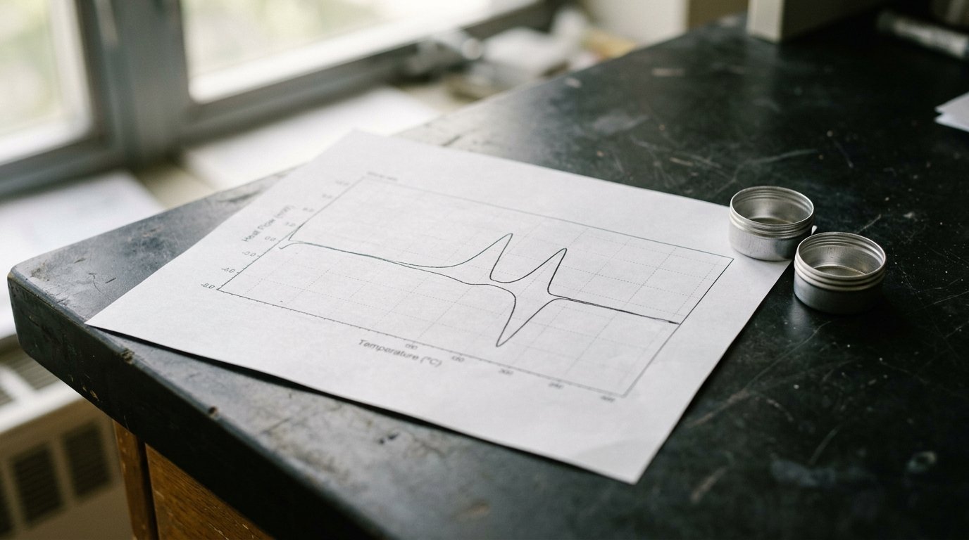 Printed DSC curve showing a double melting peak next to aluminum sample pans on a lab bench