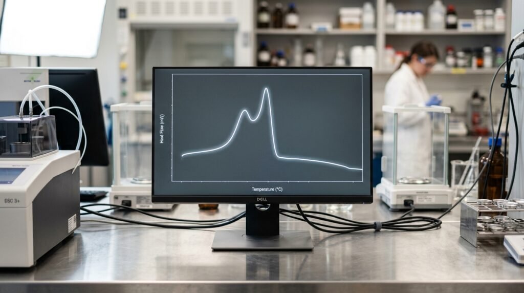 DSC thermogram on a lab monitor showing a DSC double melting peak in the heat-flow curve