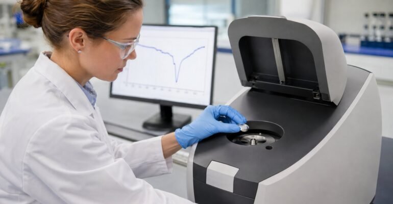 DSC laboratory technician loading a sample pan into a differential scanning calorimeter