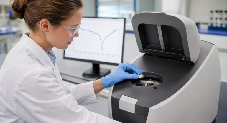 DSC laboratory technician loading a sample pan into a differential scanning calorimeter