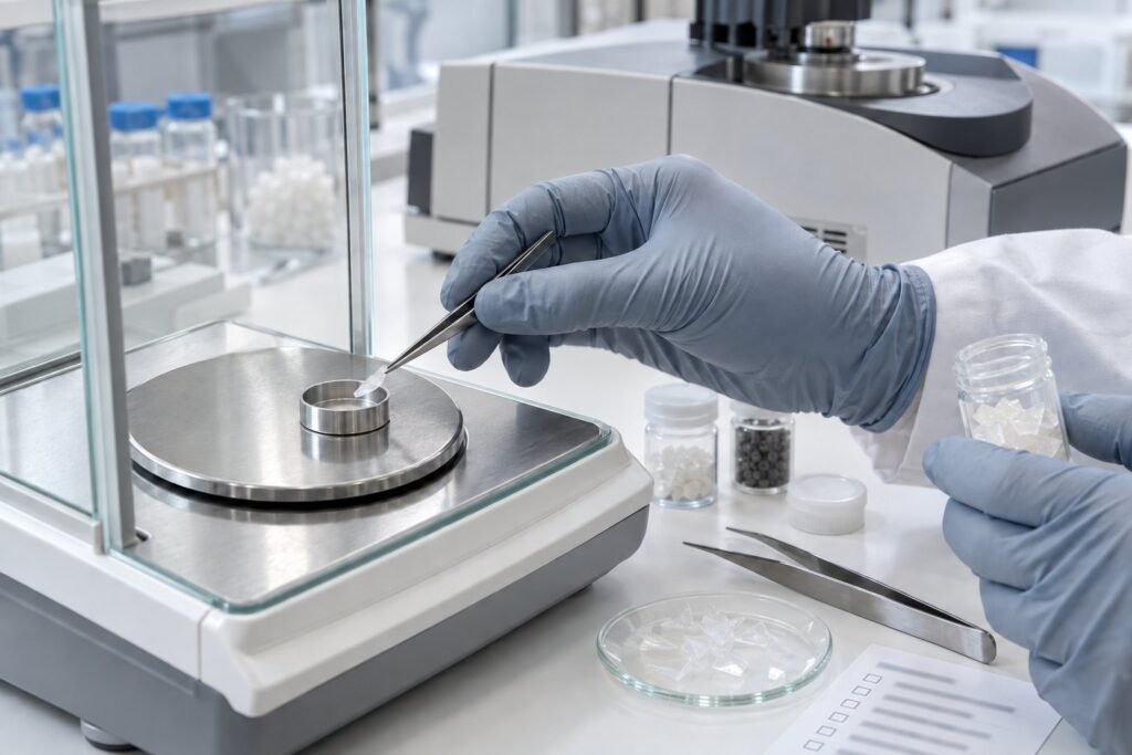 DSC analysis lab technician preparing a thermal analysis sample
