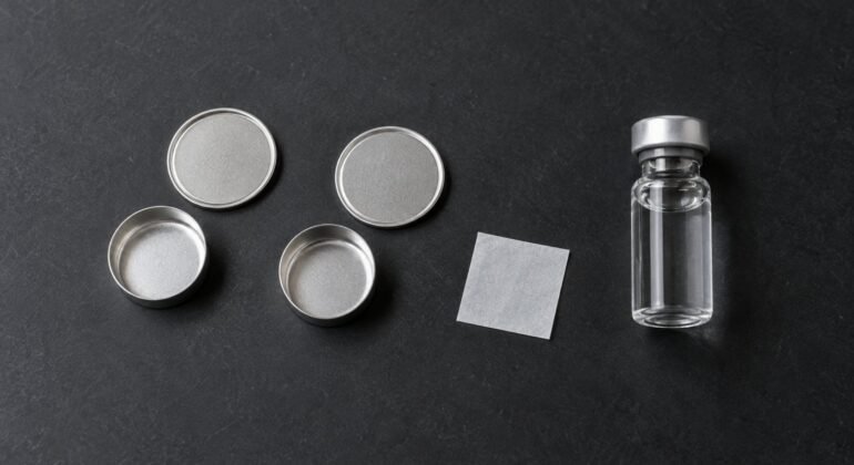 Aluminum DSC pans, a separator coupon, and an electrolyte vial arranged for DSC testing for battery materials