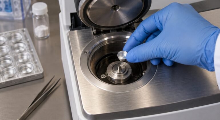 Sample pan being placed into a DSC cell for TGA DSC analysis