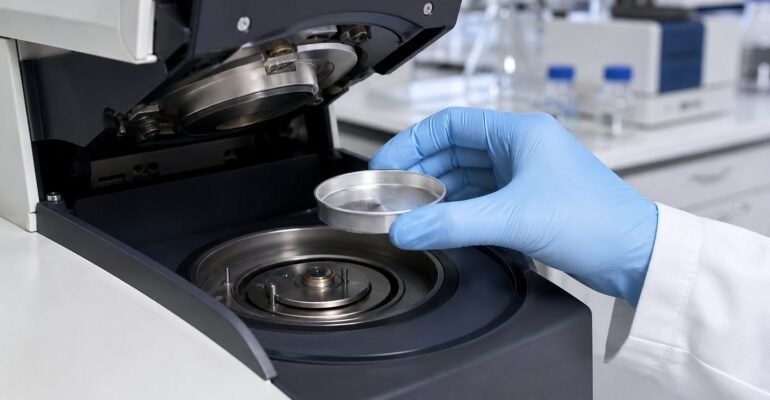 Laboratory DSC experiment setup measuring thermal transitions in a liquid sample