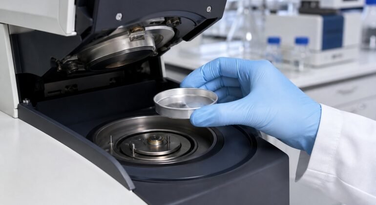Laboratory DSC experiment setup measuring thermal transitions in a liquid sample