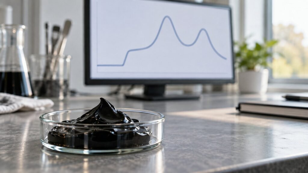 Thermogram curve on a lab monitor beside a sample of asphalt binder