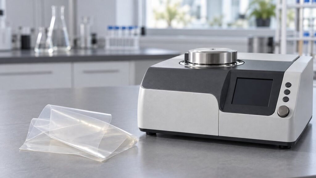 DSC test food packaging sample beside a thermal analysis instrument