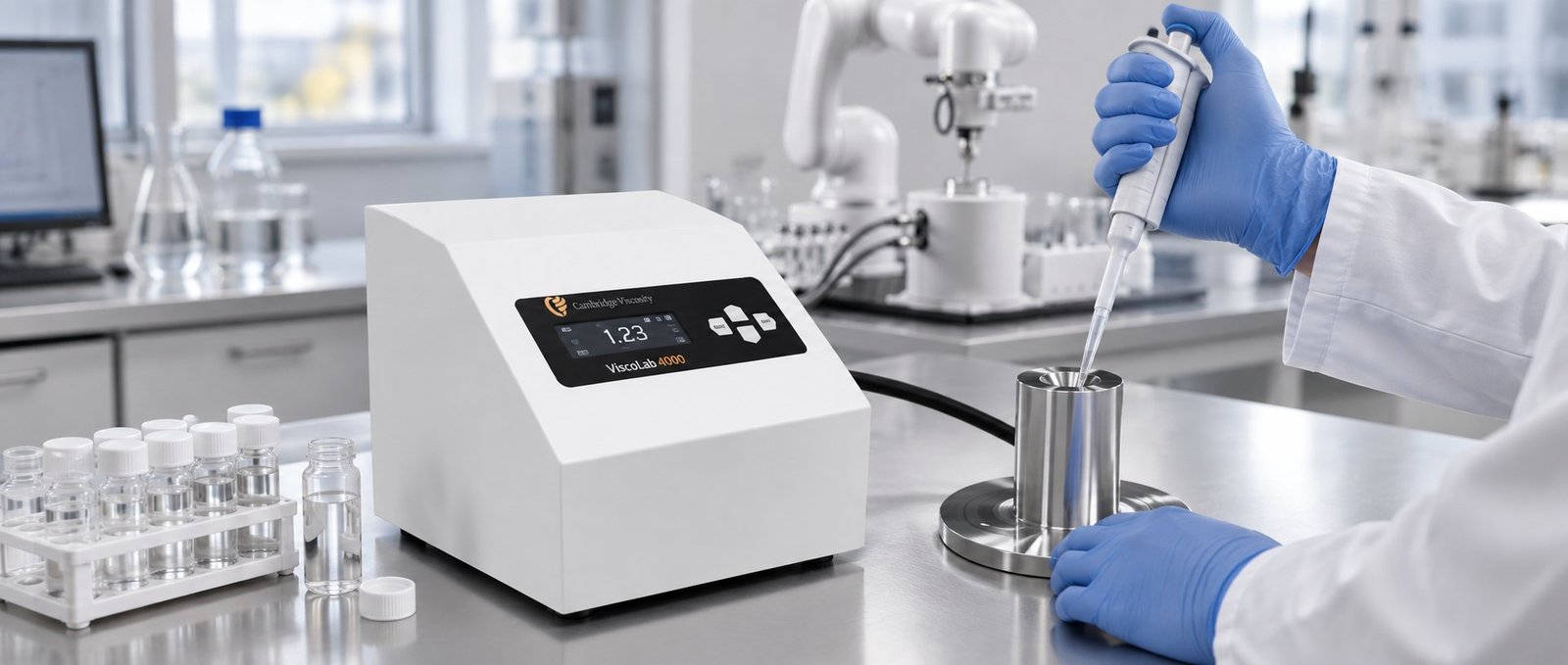 Technician loading a low-viscosity sample into a benchtop viscometer cell