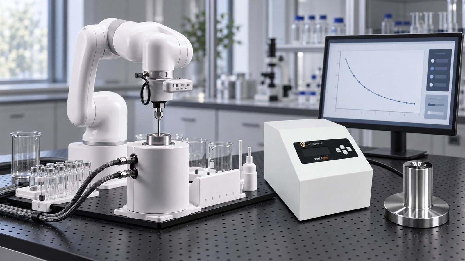 Automated viscometry station measuring viscosity across a temperature scan