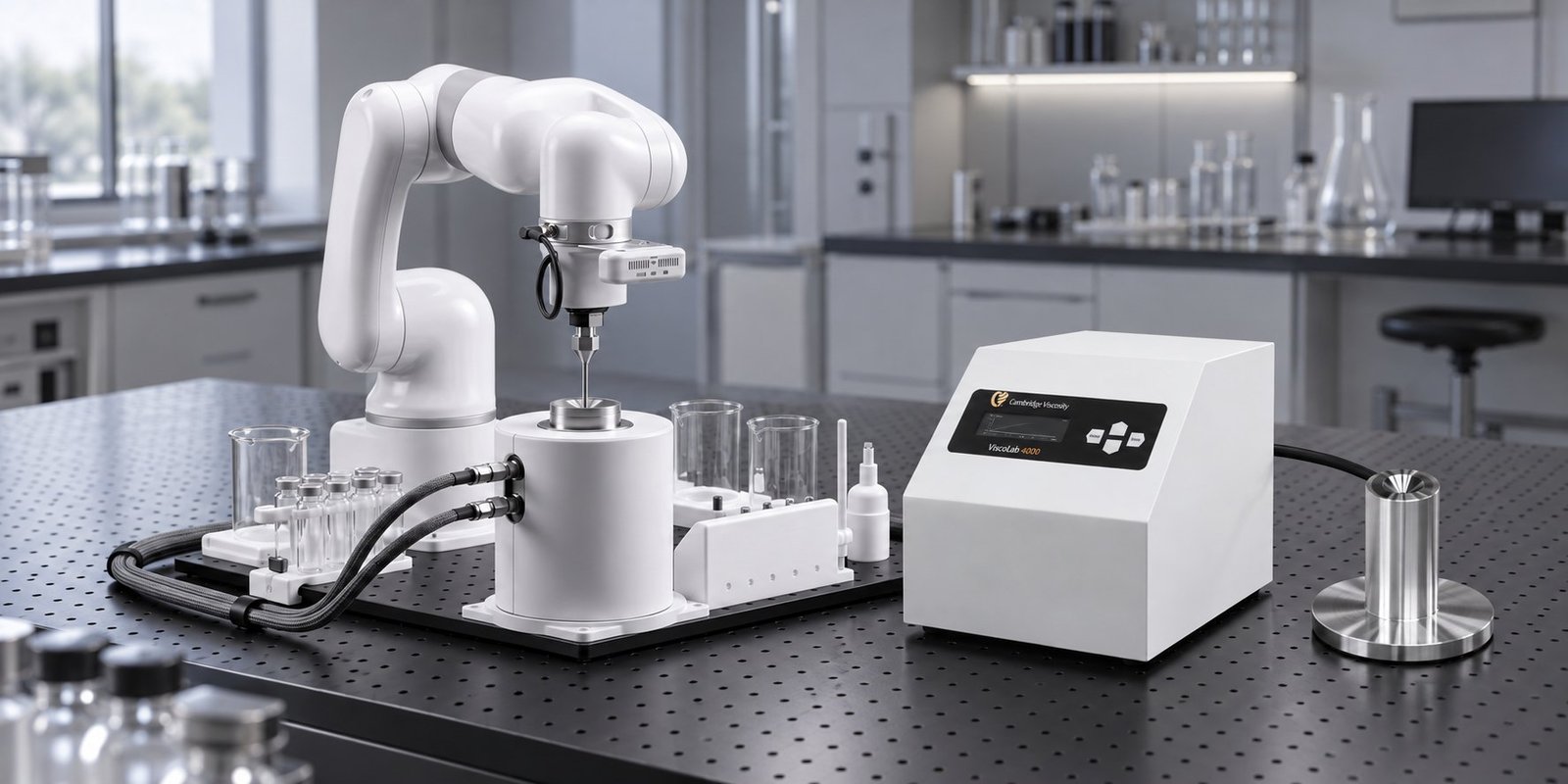 Automated viscometry setup Automated temperature-scanning viscometry setup with articulated arm and cylindrical chamber