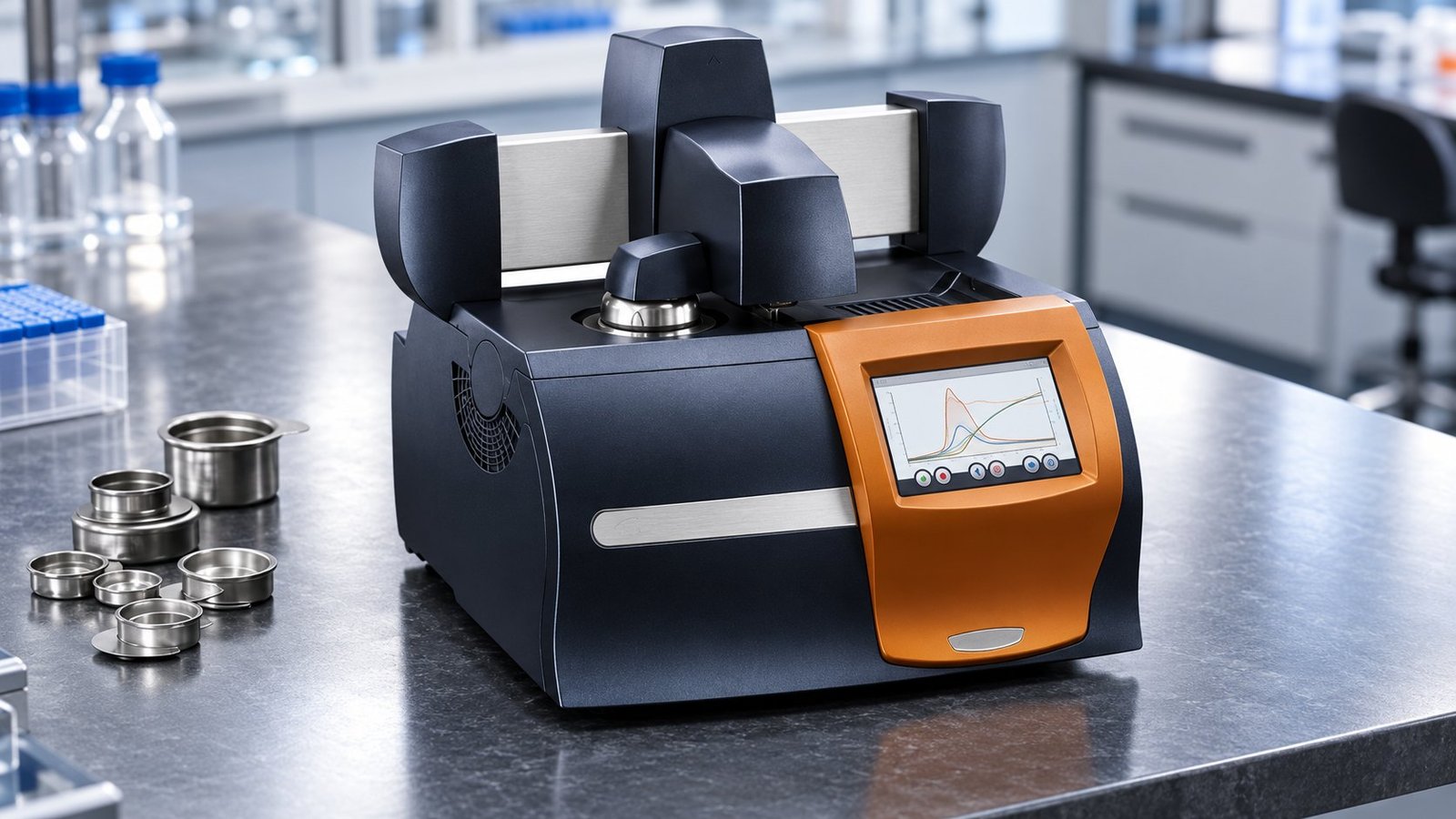 Pan Selection Before the Run DSC sample pan pressure decision setup beside a Discovery X3 calorimeter