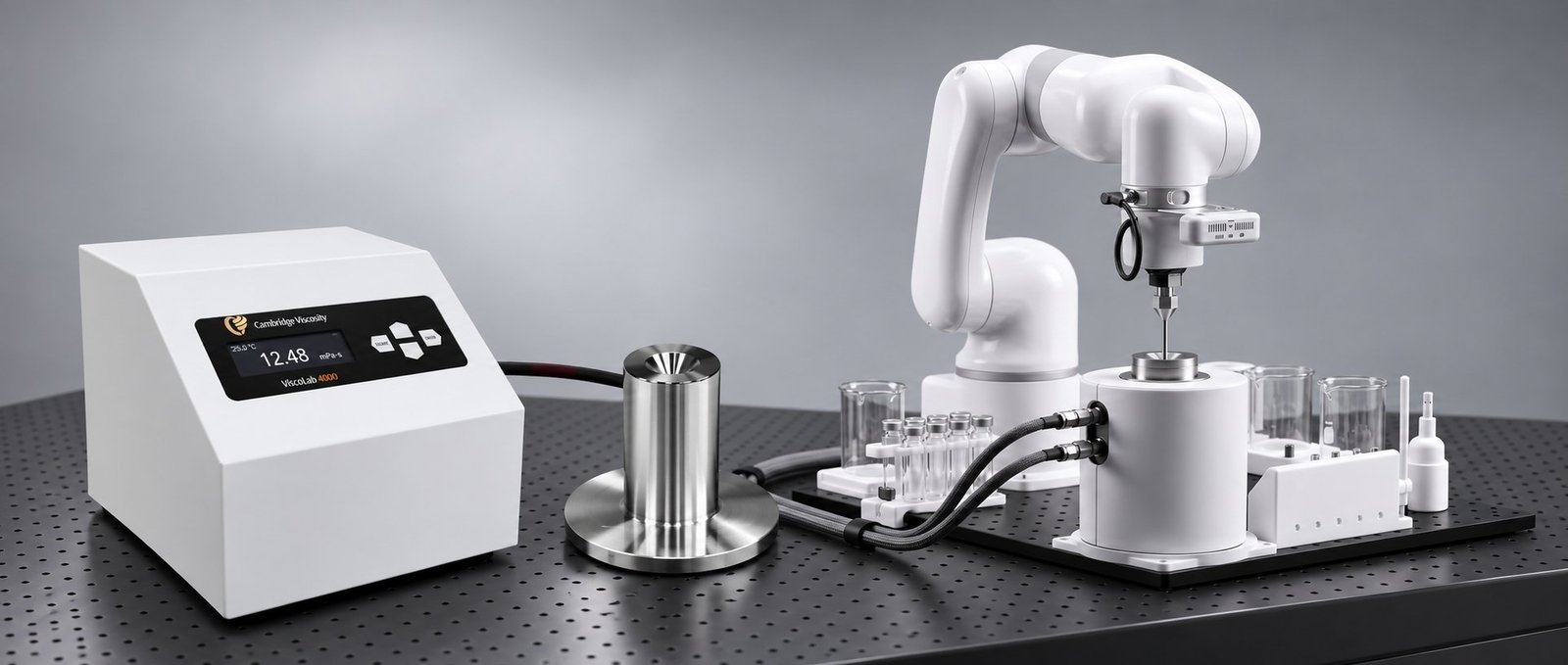 Automated Viscosity Testing Hardware White robotic viscometer with articulated arm, cylindrical chamber, sample vials, tubing, and glass vessels