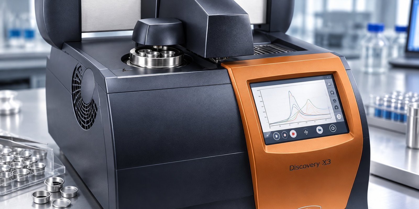 DSC sample cell and thermal curve TA Instruments Discovery X3 touchscreen and sample cell for ISO 11357-3:2025 testing