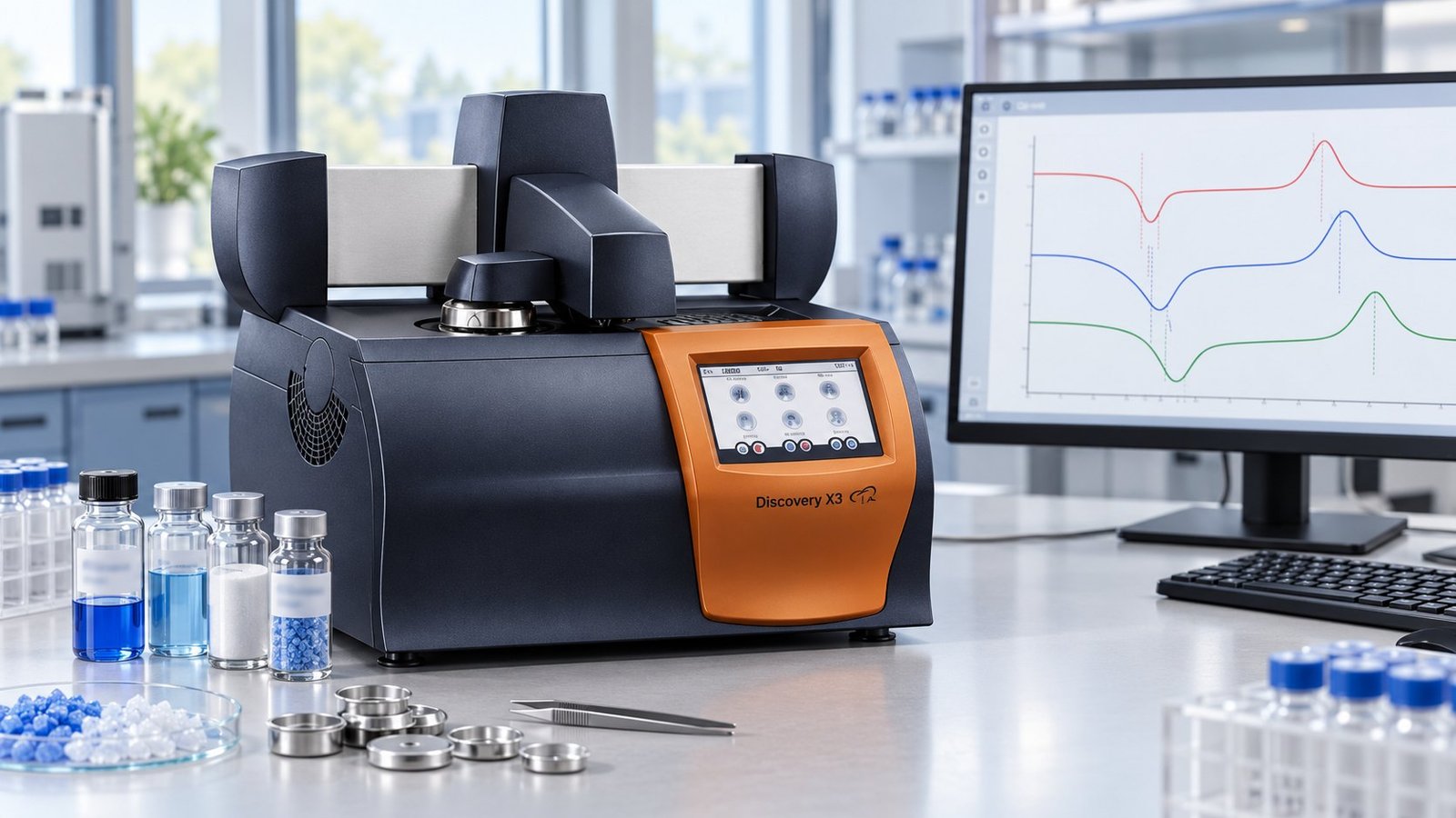 Discovery X3 DSC beside conditioned samples and a heat-flow transition chart