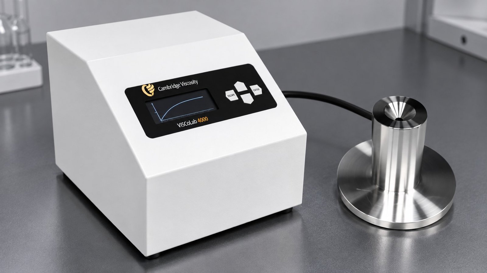 Temperature-controlled viscosity measurement High viscosity meaning test with Cambridge VISCOlab control panel and polished metal vessel