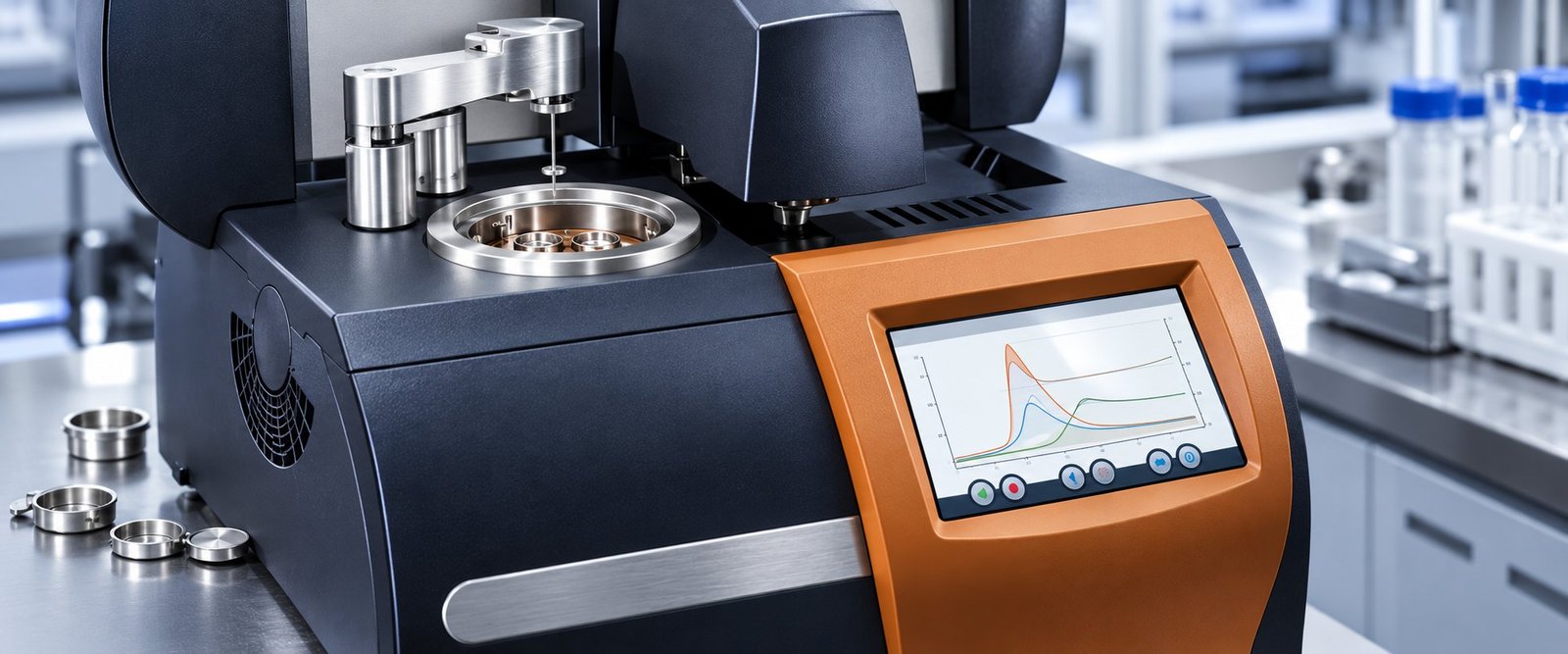TA Instruments Discovery X3 touchscreen and sample chamber showing DSC reaction curves