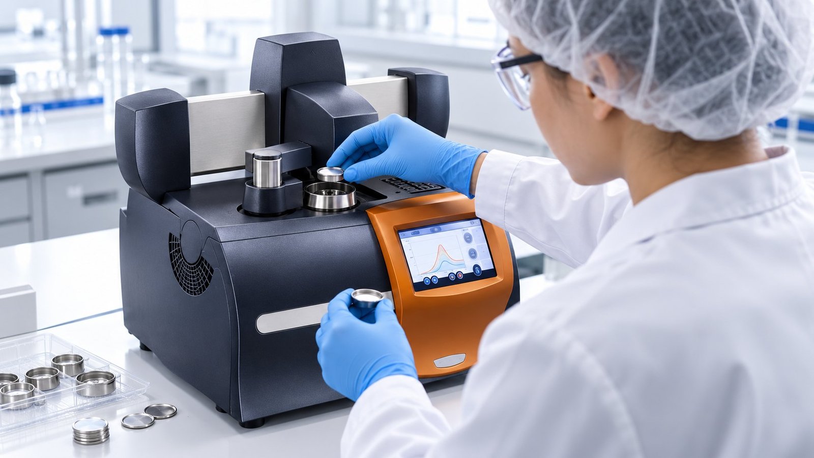 Whole-cell DSC preparation Technician preparing a CR2032 cell for whole-cell DSC