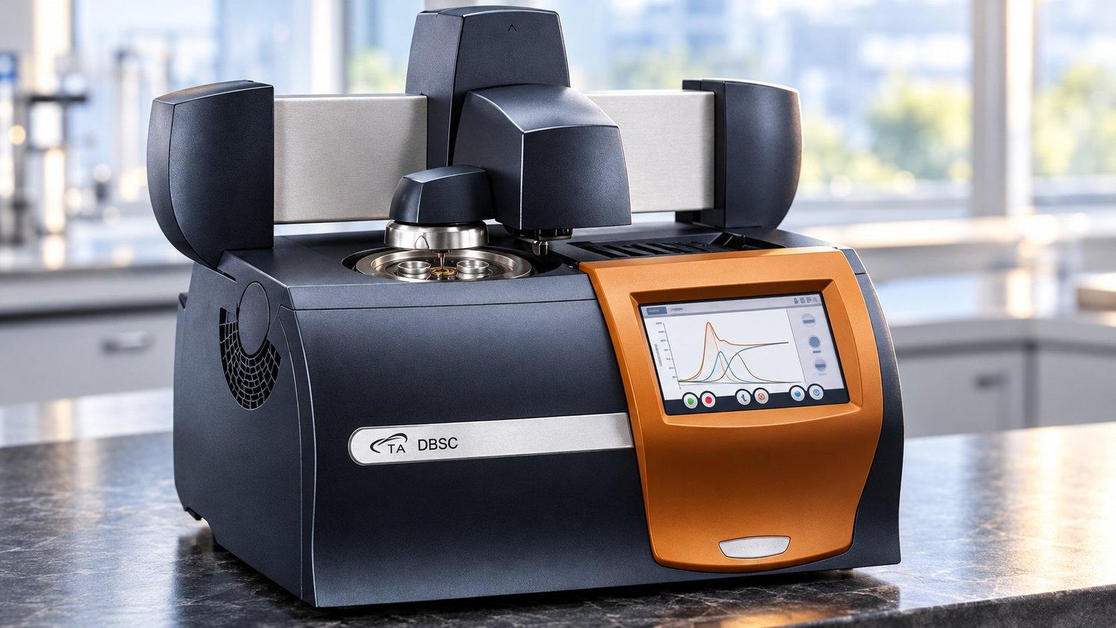Close-up of the Discovery X3 sample cell and thermal curve display during baseline-shift investigation